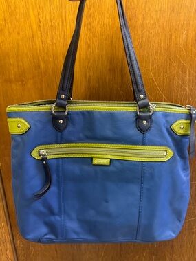Coach Blue Tote with Lime Trim and Black Handles
